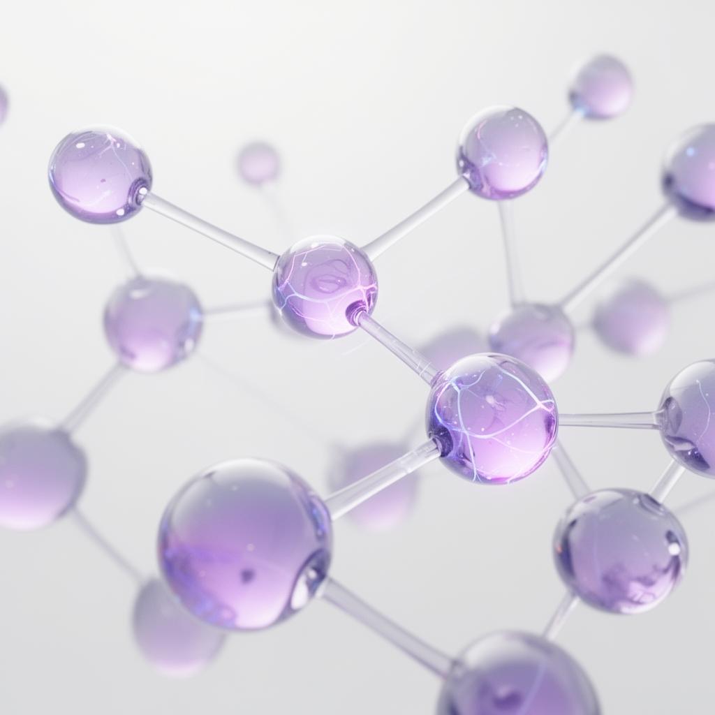 Glass spheres connected as neural network in lilac, cognition concept