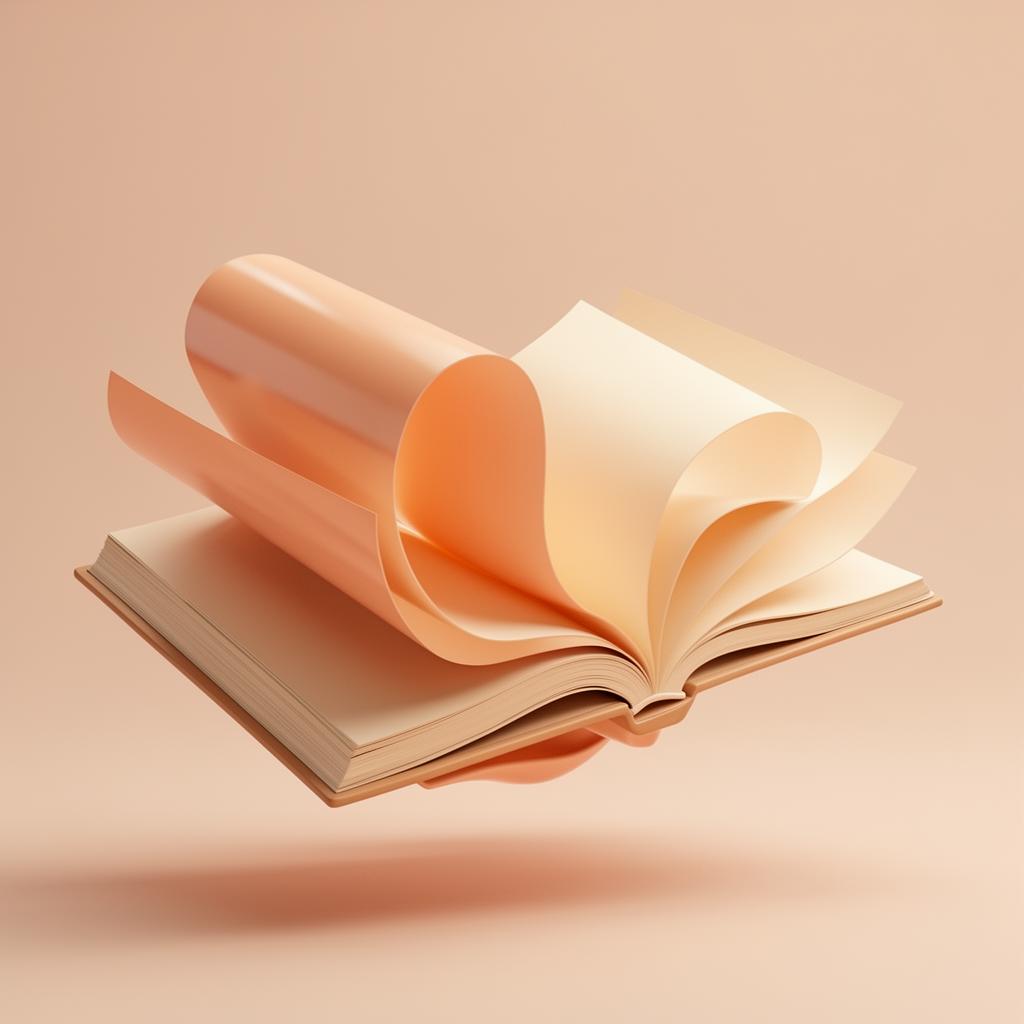 3D open book with peach curling pages, guides concept