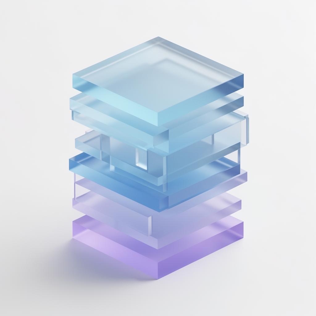 Stacked translucent glass blocks in blue and lilac, industry concept