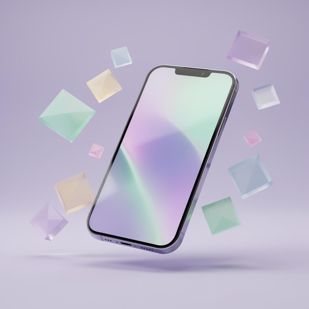Glossy 3D smartphone surrounded by floating pastel glass tiles