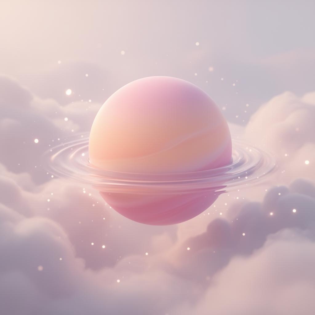 Soft pink 3D sphere floating among pastel clouds, wellbeing concept