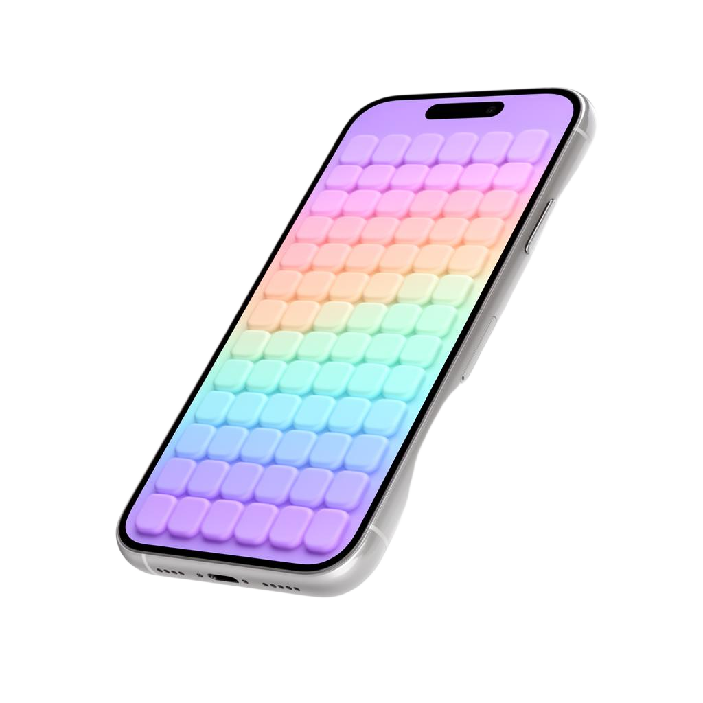 3D render of a smartphone displaying the I Love Hue chromatic mosaic puzzle